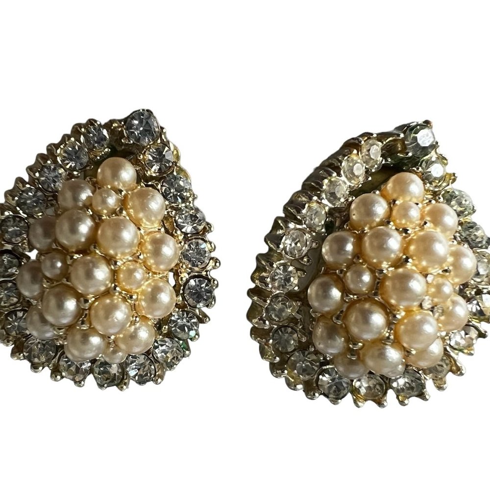 Vintage Claudette Earrings Clip On Art Deco Style Faux Pearls Rhinestone